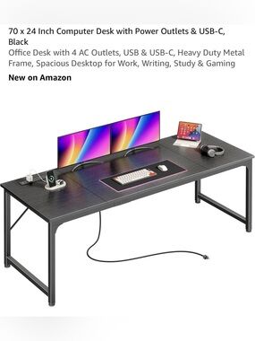Black Home Office Computer Desk with Built-in Power Outlets